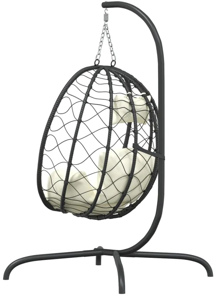 Cadeira forma ovo suspensa vime PE/aço c/ almofadão branco nata
