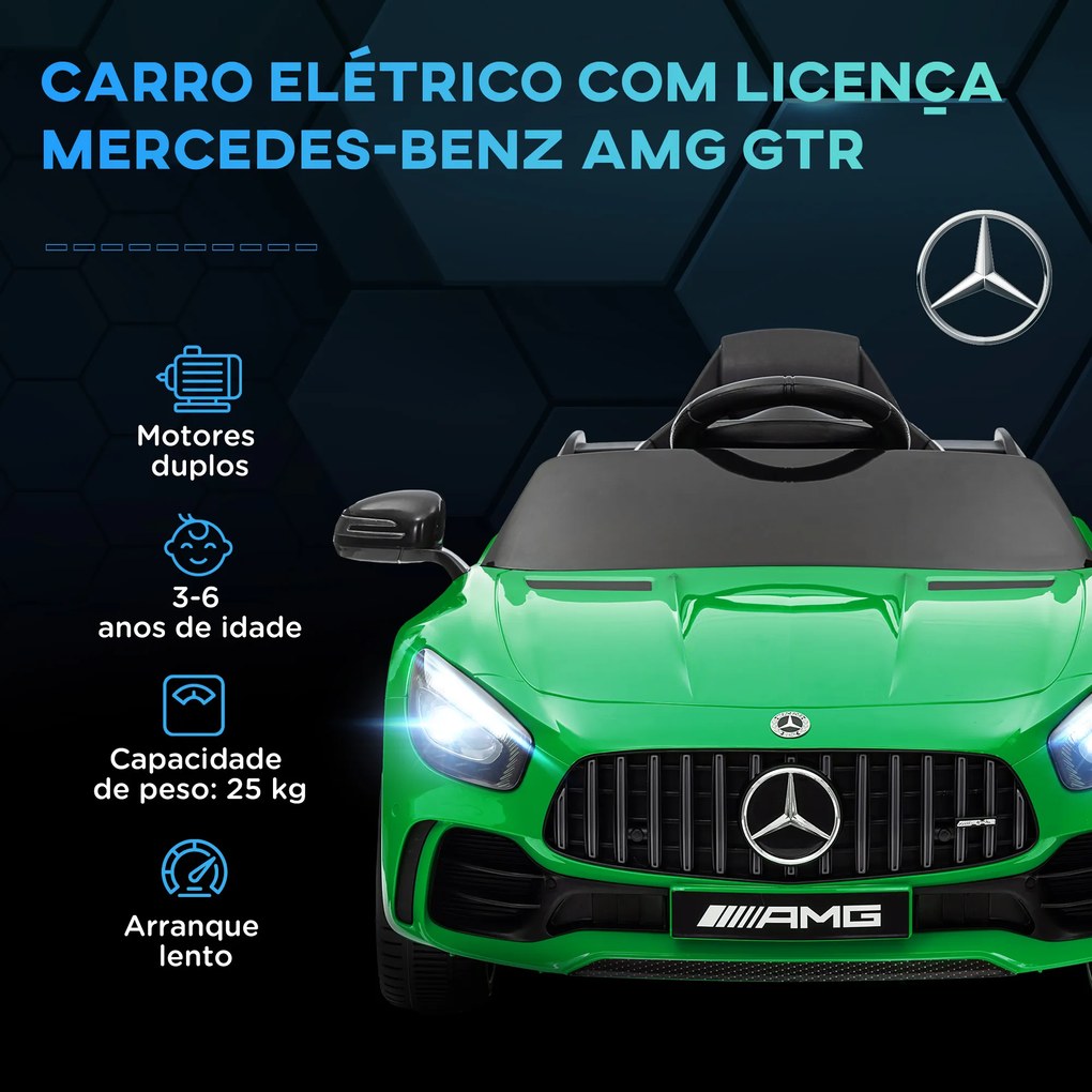 Carro Elétrico para Crianças Carro Mercedes-Benz AMG GTR com Bateria 12V Faróis Buzina e Música 108x67x46 cm Verde