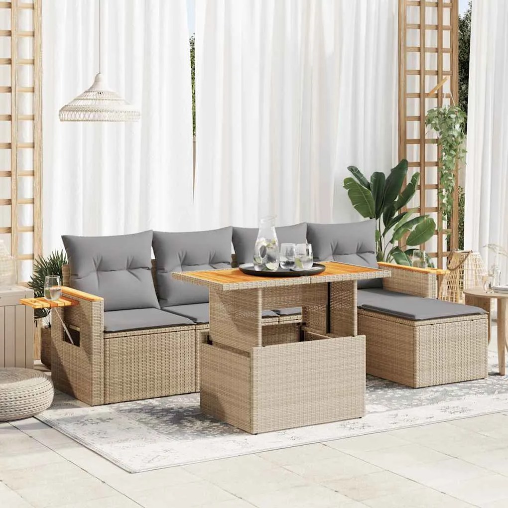 vidaXL 6 pcs conjunto sofás jardim com almofadões vime PE/acácia bege