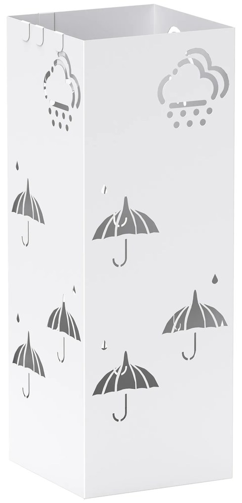 HOMCOM Suporte para Guarda Chuva de Aço com 4 Ganchos e Bandeja de Gotejamento Amovível 15,5x15,5x41 cm Branco