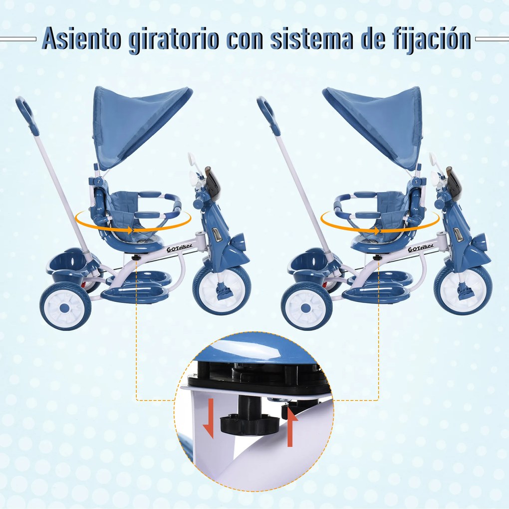HOMCOM Triciclo evolutivo infantil Carrinho de criança Com função de luz e música Barra de segurança e toldo retrátil Assento giratório 360 ° 93x51x94 cm Azul