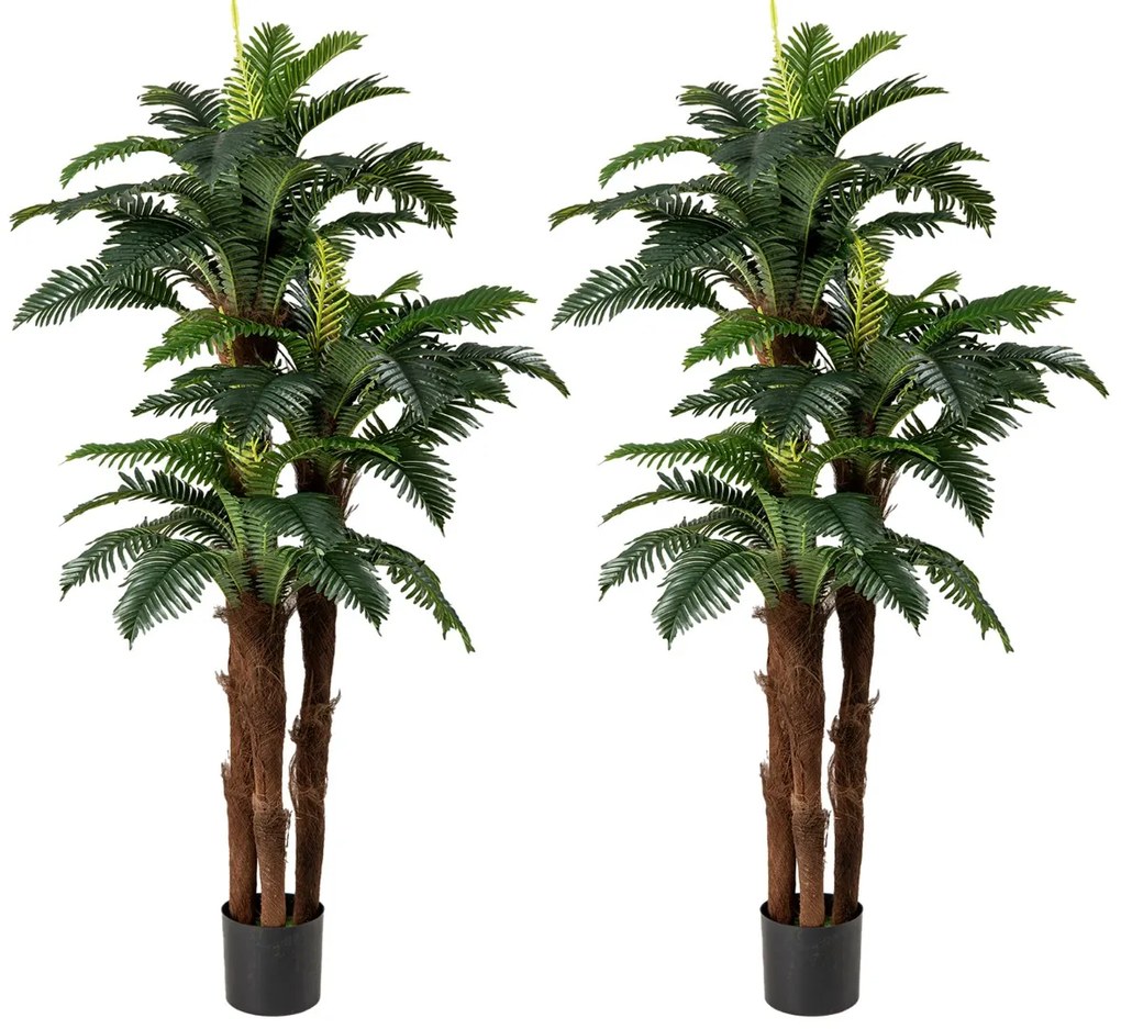 Conjunto de 2 palmeiras artificiais de 191 cm com 48 folhas, 3 troncos realistas e musgo com vaso cheio de cimento verde