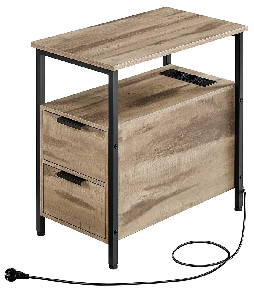 Mesa de apoio com 2 tomadas eléctricas 2 portas USB, 2 gavetas 60 x 35 x 61 cm castanho camelo-preto