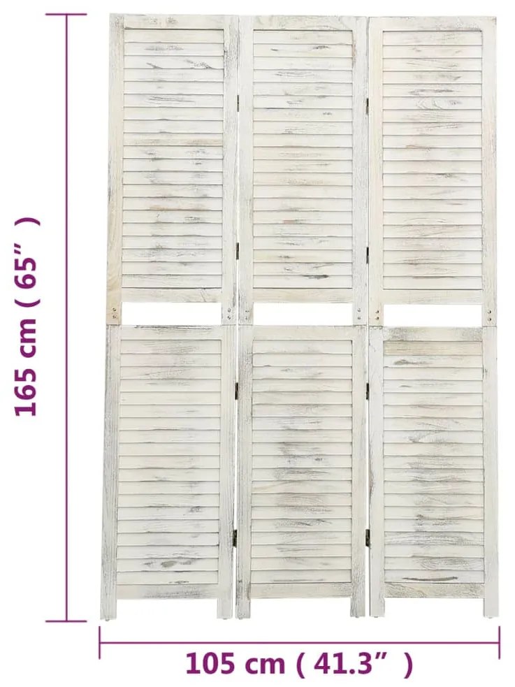 Biombo com 3 painéis 105x165 cm madeira branco antigo