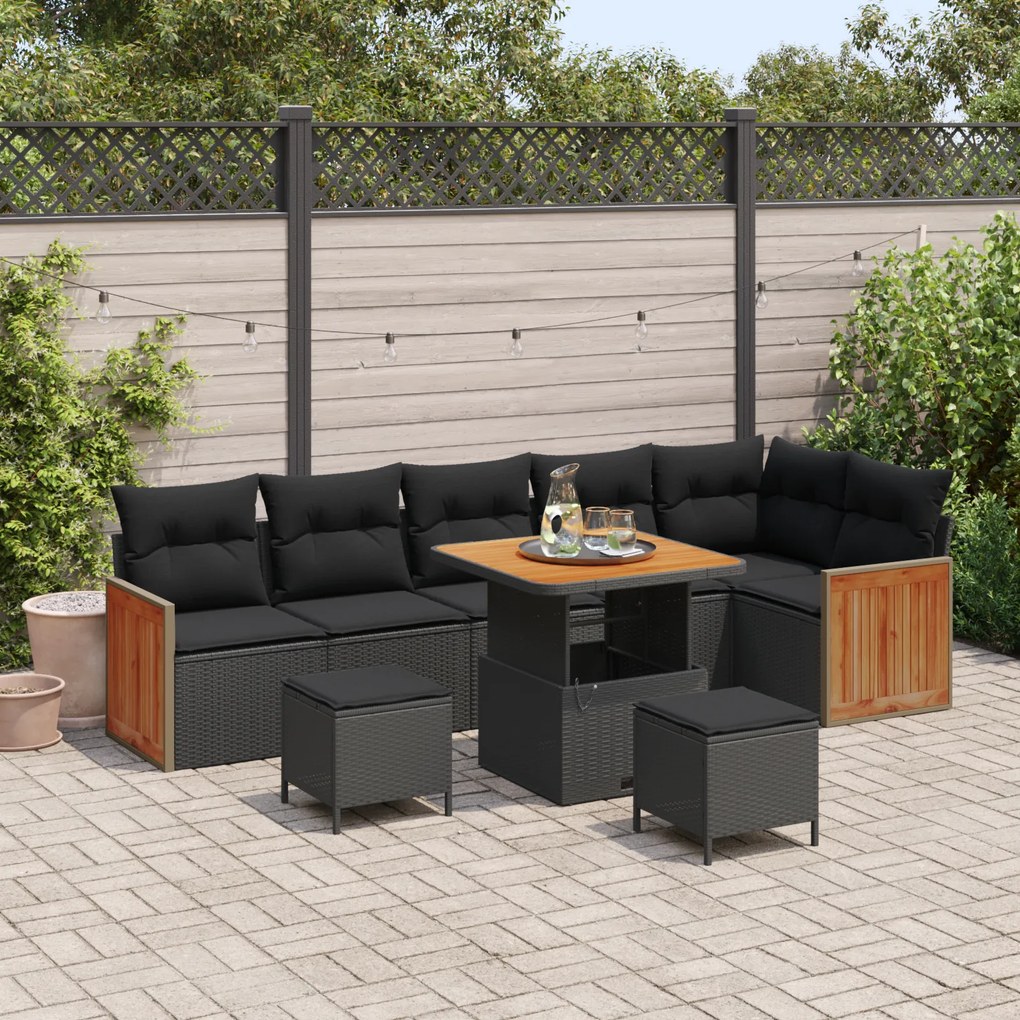 Conjunto de Sofá de Jardim vidaXL 9 Peças com Almofadas Preto Rattan P