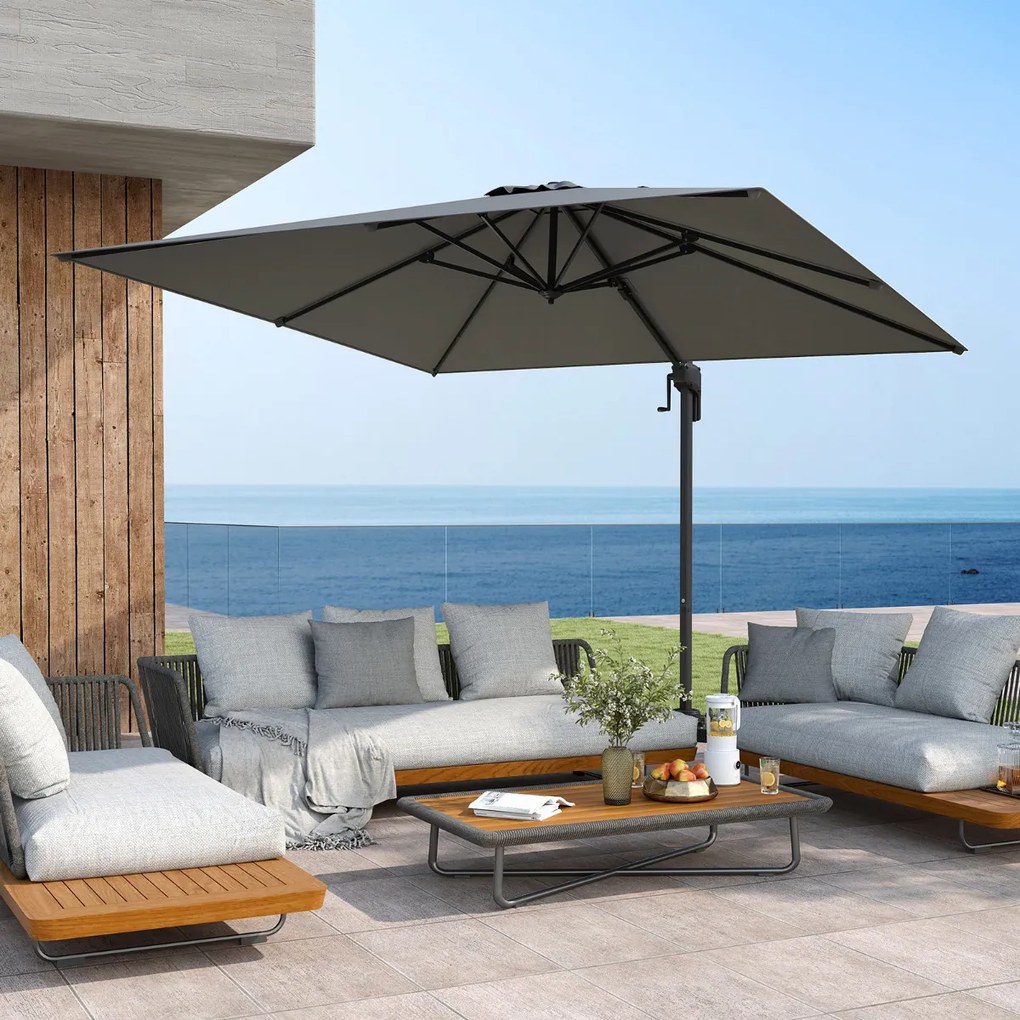 Guarda-sol suspenso para jardim, quadrado, com rotação de 360°, inclinação ajustável, base cruzada e 8 varas para pátio ou piscina Cinzento