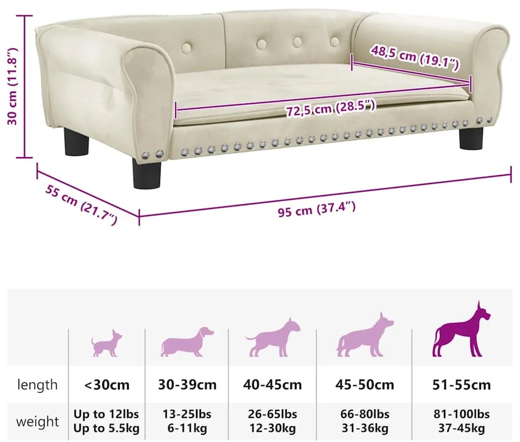 Cama para cães 95x55x30 cm veludo cor creme