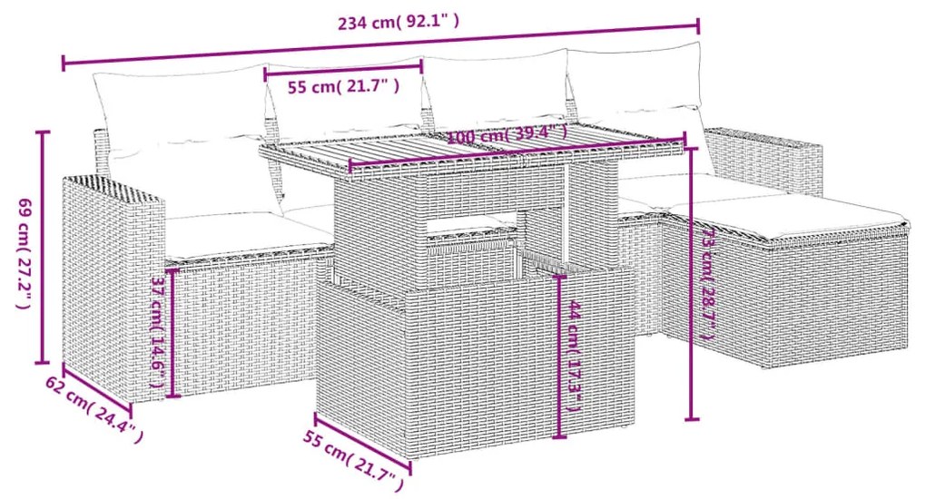 6 pcs conjunto sofás de jardim com almofadões vime cinzento