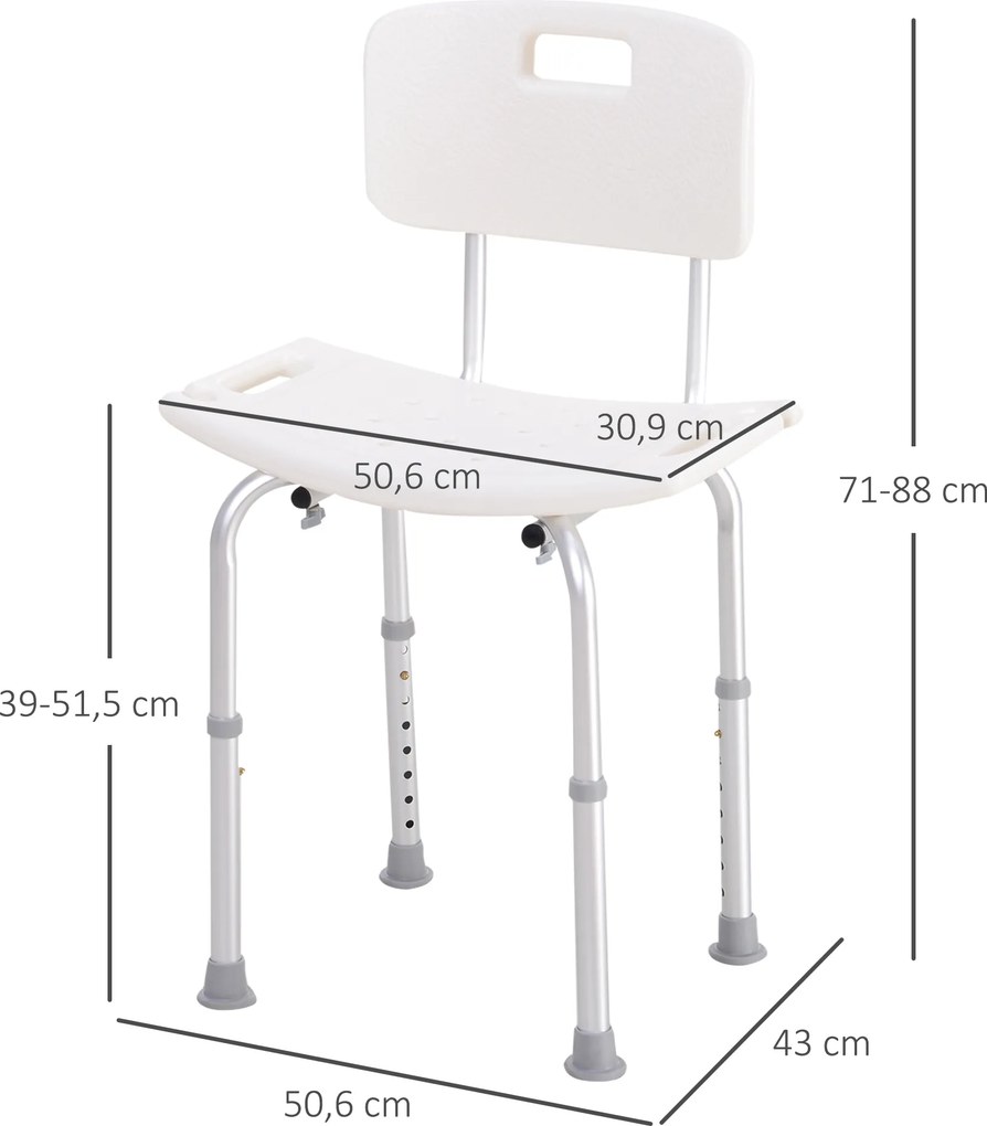 Cadeira para Duche Antiderrapante com Altura Ajustável em 8 Níveis Cadeira de Banho 50,6x43x71-88 cm Branco