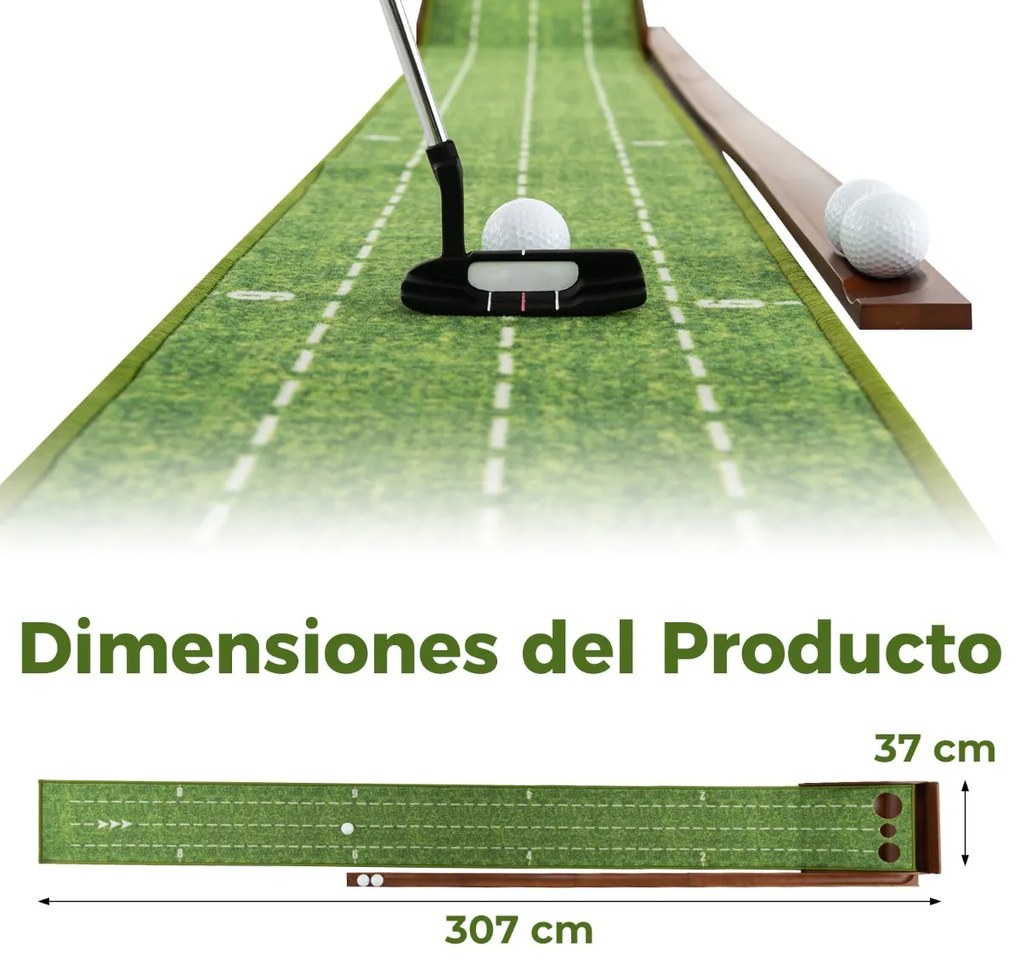 Tapete de golfe com 3 tamanhos de buracos Ajuda à prática com retorno automático da bola 302 x 37 x 15 cm Castanho + Verde