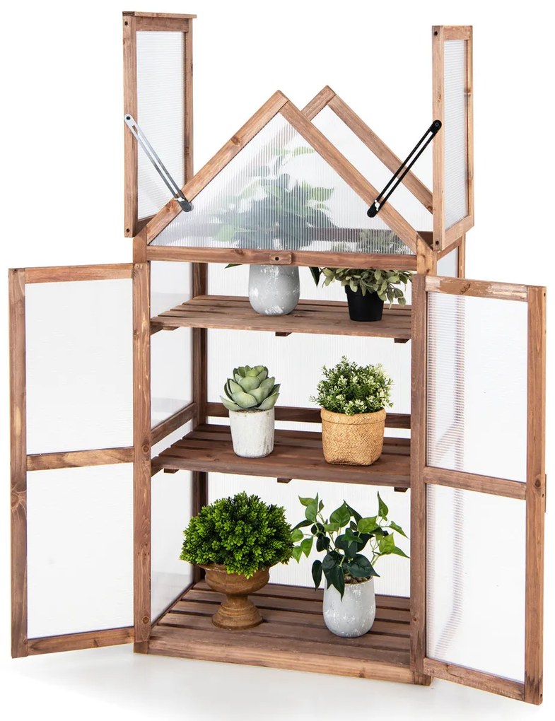Mini Estufa 3 Níveis 71 x 41 x 133 cm Jardim de Madeira Abeto Teto Tampa rebatível Castanho