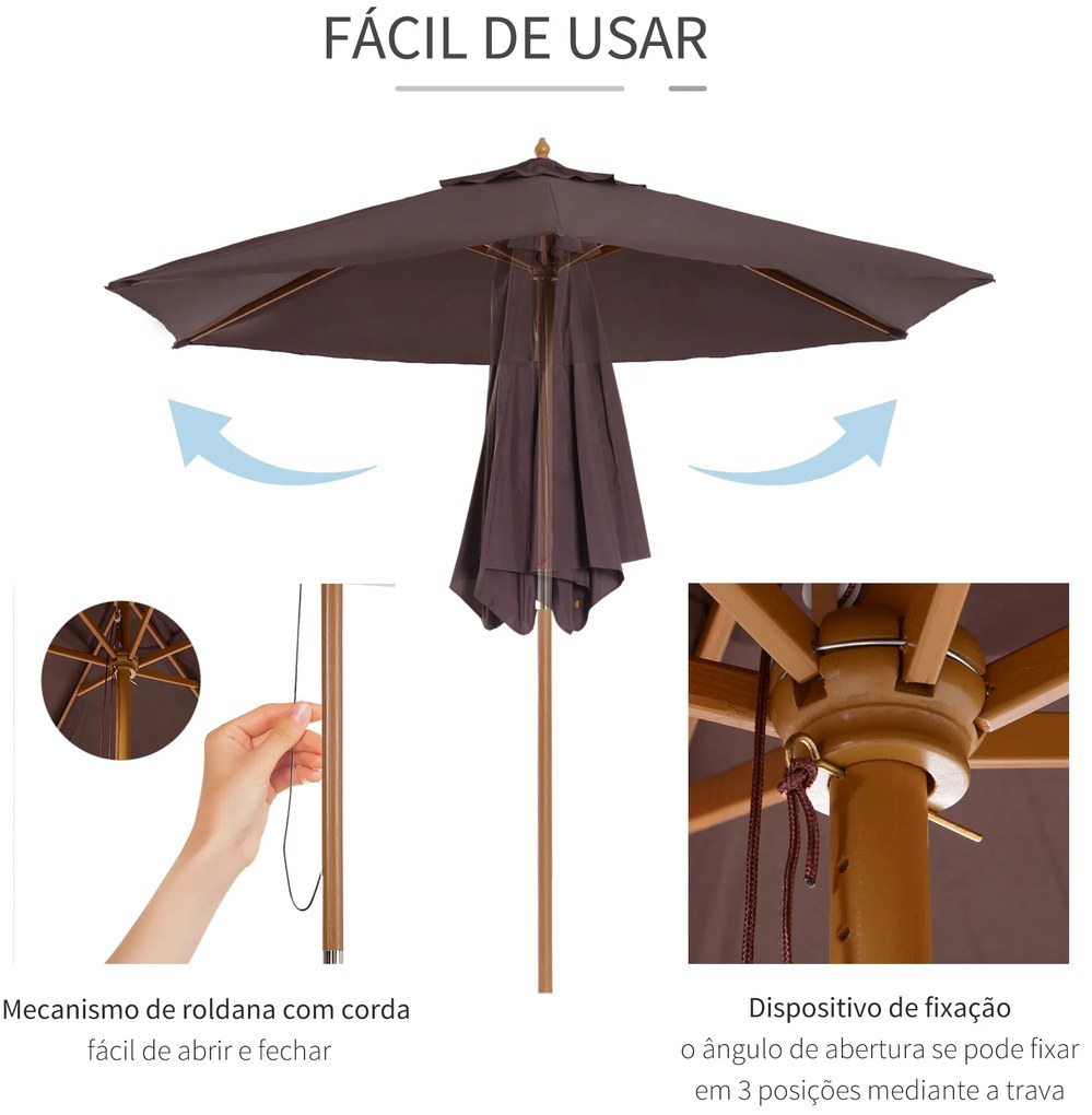 Chapéu de Sol Ø250x230cm Chapéu de Sol com Mastro de Madeira com 6 Hastes Sistema de Polia com Fixação para Jardim Pátio Terraço Castanho