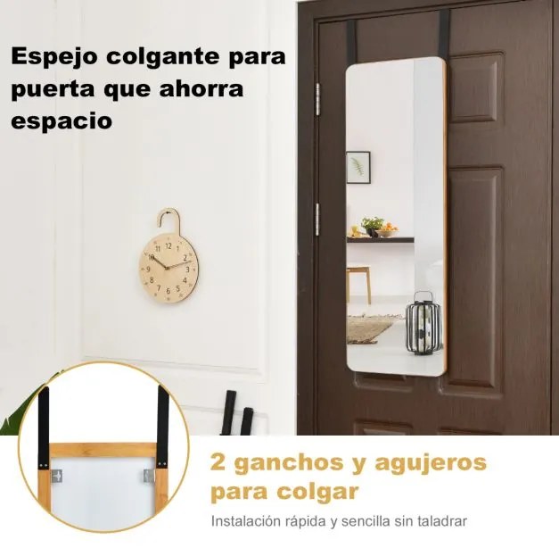 Espelho de corpo inteiro montado na parede em bambu com 2 ganchos para corredor, sala, quarto 100 x 35 cm Natural