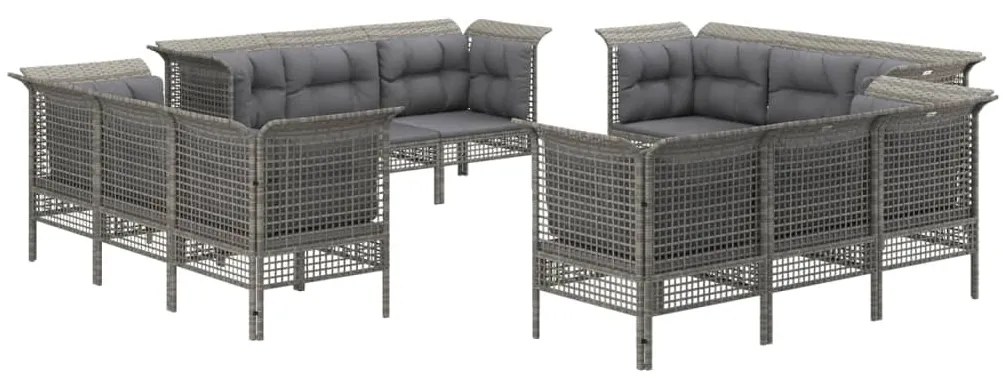 12 pcs conjunto lounge de jardim c/ almofadões vime PE cinzento