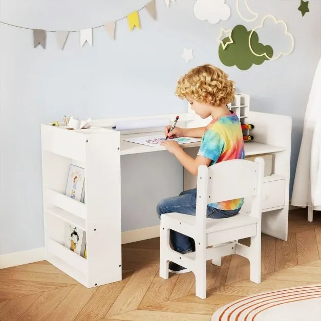 Conjunto de mesa e cadeira para arte infantil com suporte removível para rolo de papel e armário cubo branco