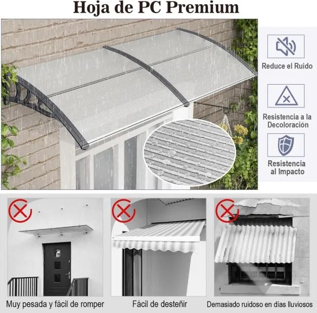 Toldo para janela ou portas 199 x 99 x 28 cm Proteção solar Chuva Neve Vento em Policarbonato e Alumínio Cinza