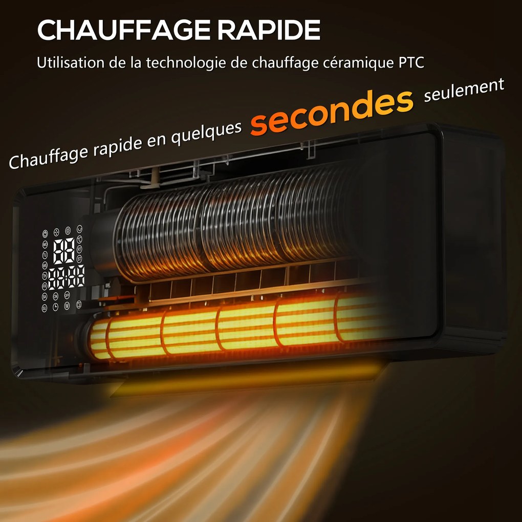 Aquecedor de parede em cerâmica 1000/2000 W, radiador elétrico, ventilador, termóstato, temporizador, 54 x 18,7 x 12,3 cm, preto