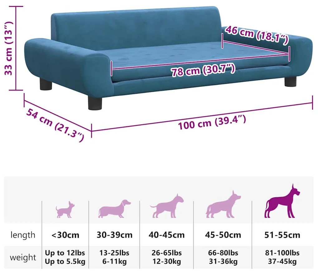 Cama para cães 100x54x33 cm veludo azul