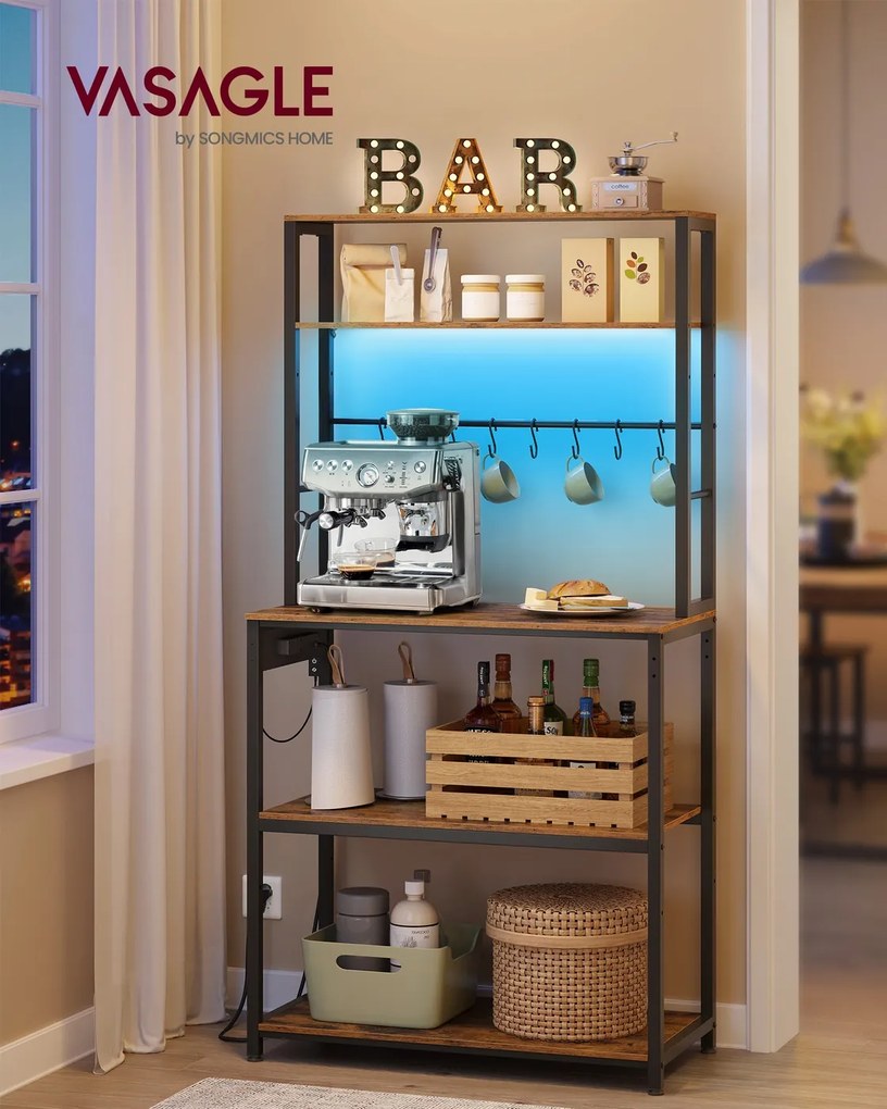 Armário de cozinha 40 x 80 x 168,4 cm com iluminação LED e tomadas, castanho vintage-preto