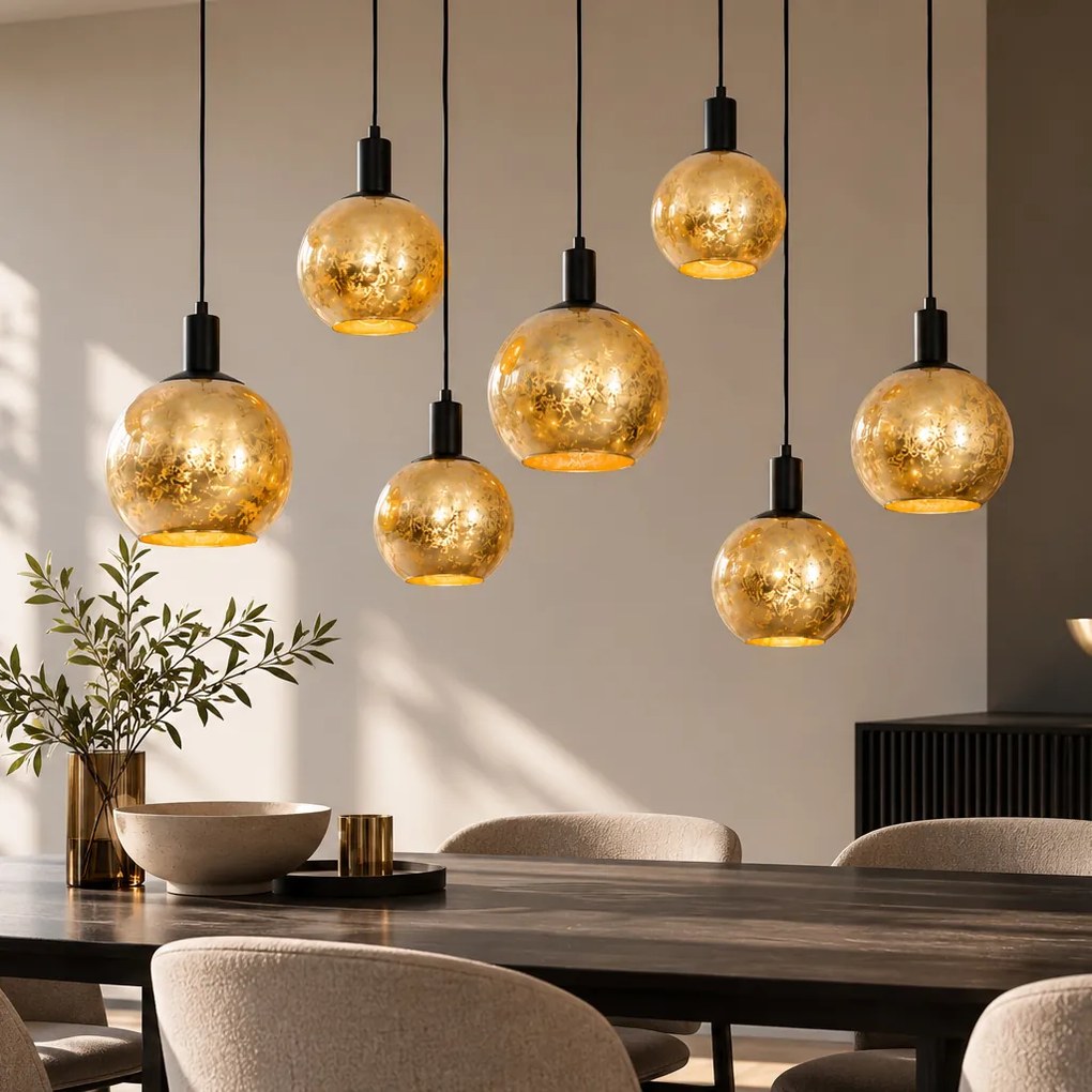 Candeeiro de suspensão design preto com vidro dourado 7 luzes - Bert