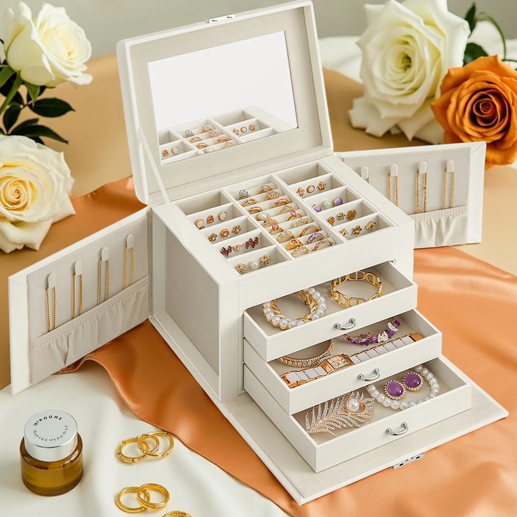 Caixa para joias de 4 níveis 17,5 x 22,5 x 16,5 cm com pega e espelho branco-creme