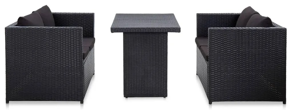 3 pcs conjunto lounge de jardim c/ almofadões vime PE preto