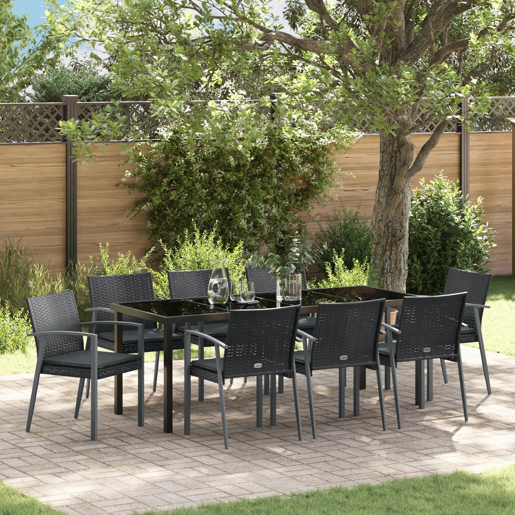 vidaXL Conjunto de Jantar de Jardim com 9 Peças e Almofadas em Rattan Sintético Preto