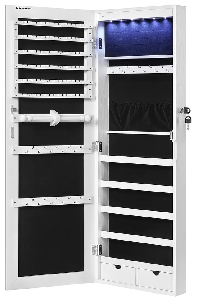 SONGMICS Armário de joias espelhado sem moldura, organizador de joias com 6 LEDs para pendurar na parede ou na porta, grande capacidade com 2 gavetas, branco JJC99WT