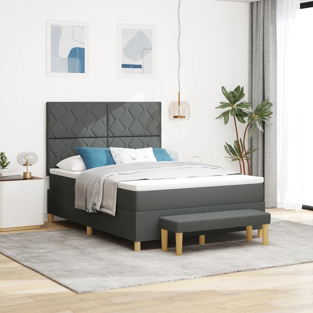 vidaXL Cama Box Spring com Colchão &amp; Banco Cinza Escuro 160x200 cm Tecido