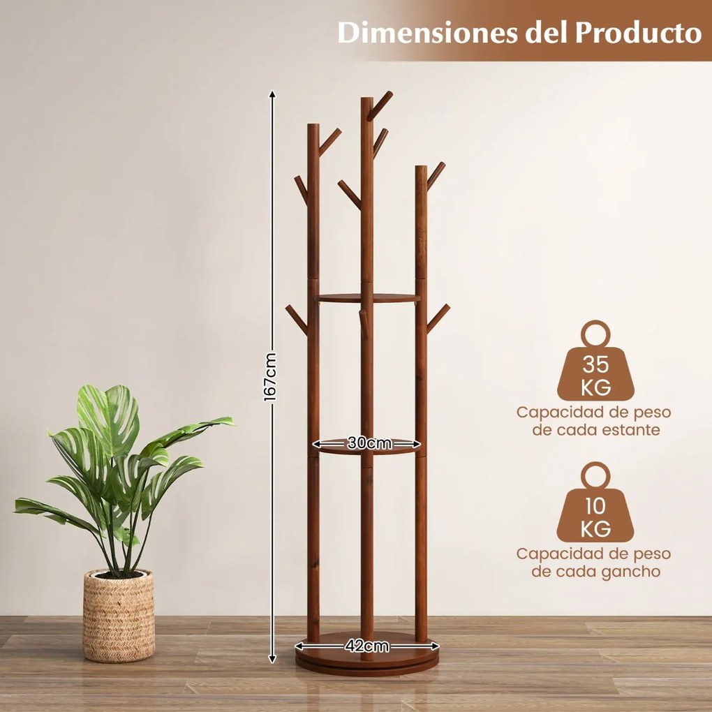 Cabide de madeira giratório de 167 cm para hall de entrada sala de estar com 3 Estantes 9 Ganchos para Casacos Bolsas Nogueira