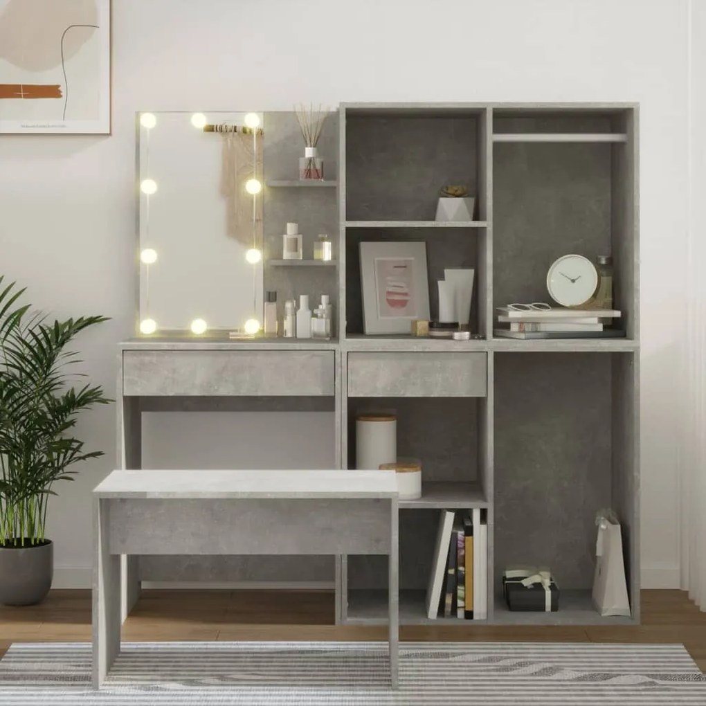 vidaXL Conjunto toucador c/ LEDs madeira processada cinza cimento