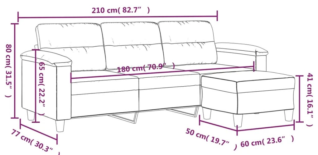Sofá de 3 lugares c/ apoio pés 180 cm tecido microfibra creme