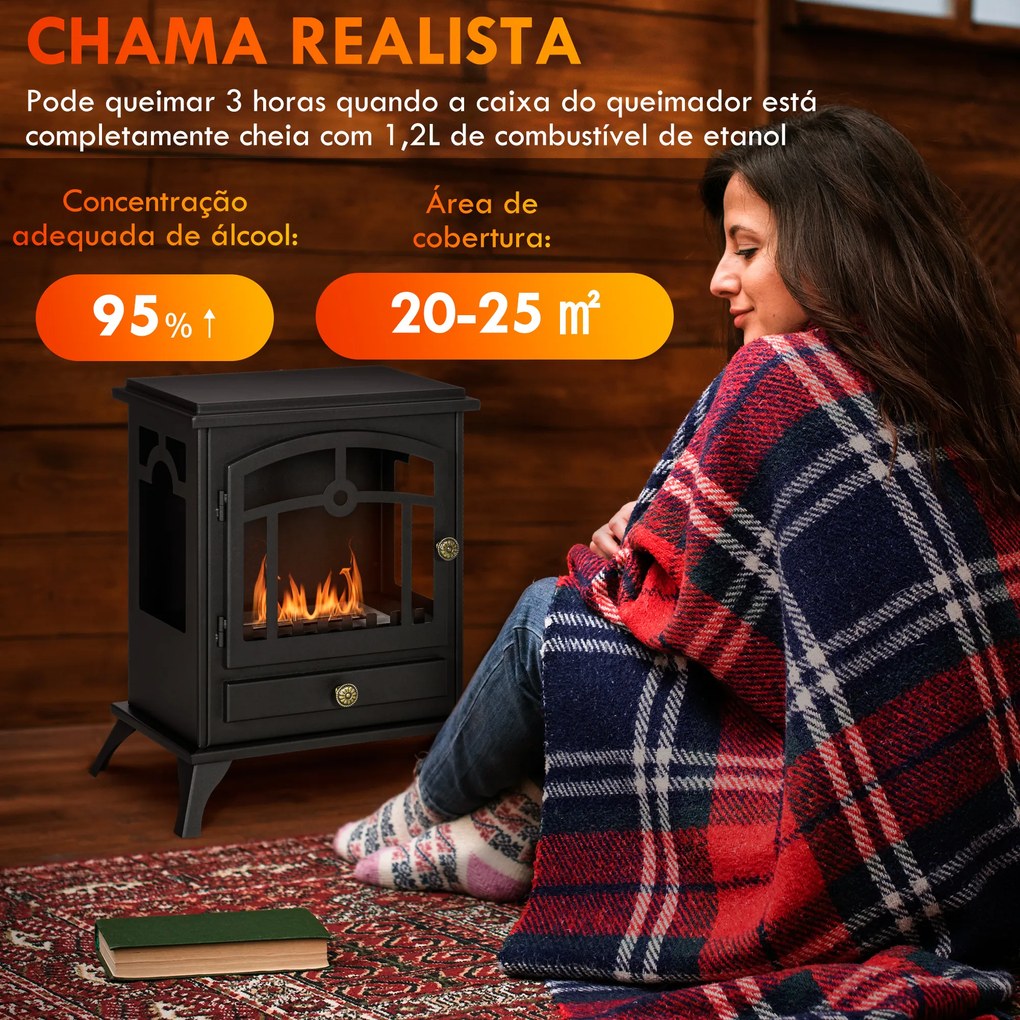 Lareira de Bioetanol com Depósito de 0,9 L Tempo de Combustão 3H para Interiores 20-25 m² 45x28x54 cm Preto