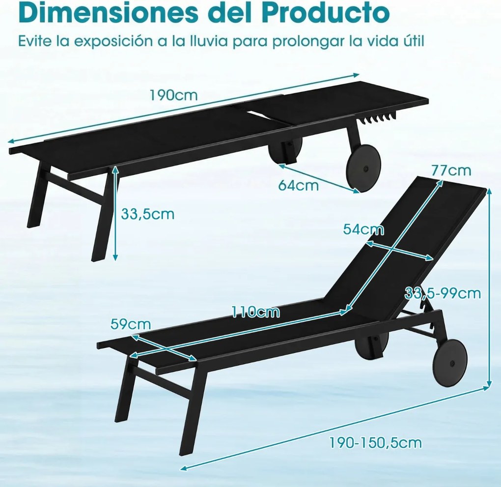 Espreguiçadeira de jardim com encosto ajustável em 6 posições, reclinável para piscina, terraço e jardim Preto