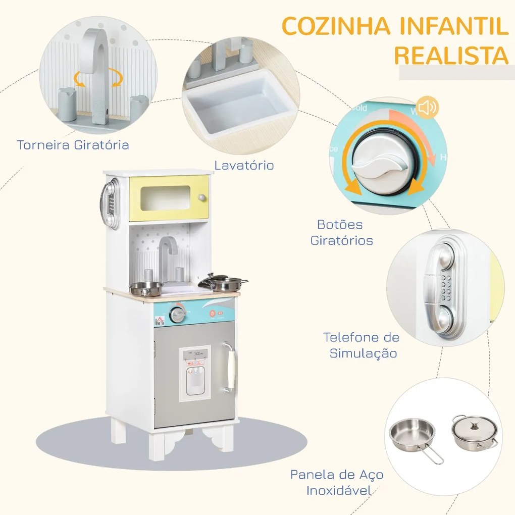 Cozinha Infantil de Madeira para Crianças acima de 3 Anos Cozinha Infantil com Acessórios Telefone Lavatório e Armários 32x30x79cm Branco