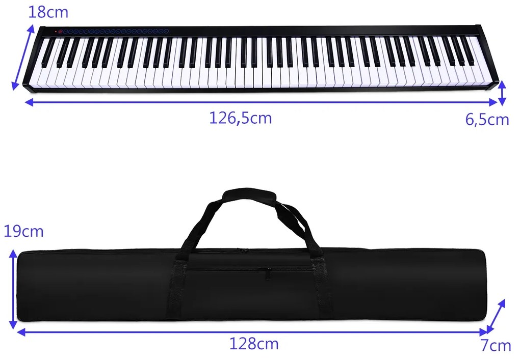 Piano Digital com 88 Teclas 128 Ritmos 128 Tons 20 Demos Teclado Eletrónico Função Bluetooth Interface USB MIDI MP3 Alto-falante Externo Preto