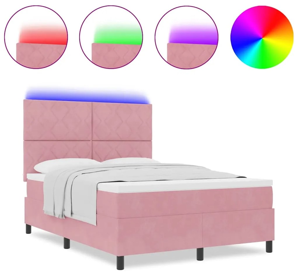 Cama Box com Colchão e LED Rosa 160x200 cm Veludo