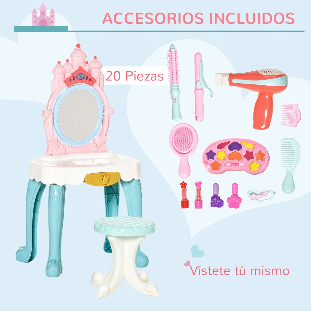 HOMCOM Toucador Infantil com Banco Espelho com Luz Música Secador e 20 Acessórios Toucador de Maquilhagem para Crianças acima de 3 Anos 41x27x82cm Multicolor