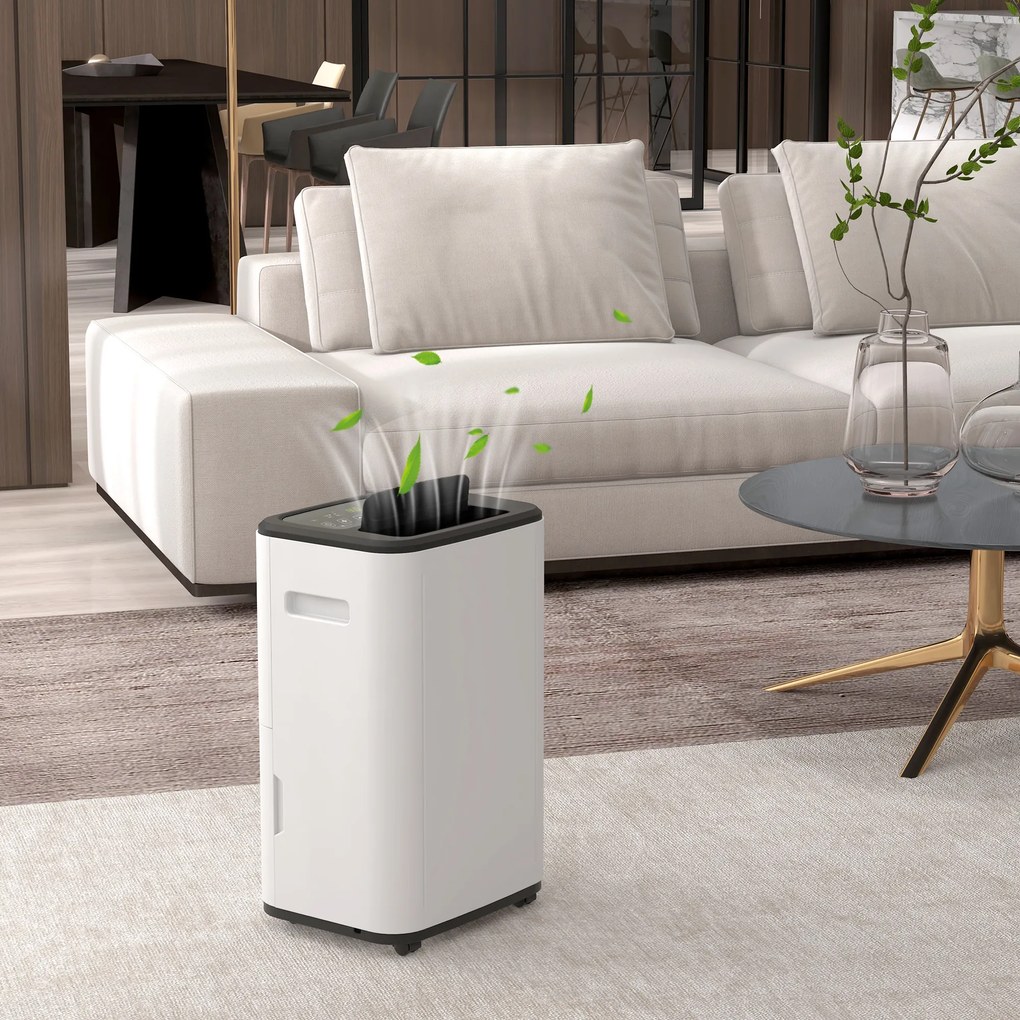 HOMCOM Desumidificador Elétrico Depósito de Água 6 Litros 20L/Dia com 4 Modos 2 Velocidades Ecrã LED Temporizador Silencioso para Dormitório Sala de Estar Cozinha 33,5x26x53 cm Branco
