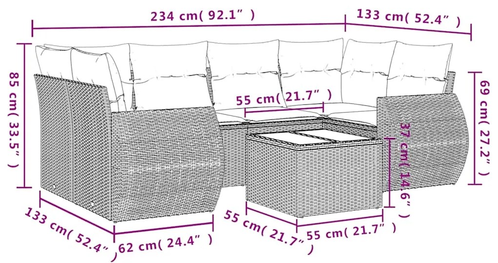 7 pcs conj. sofás jardim com almofadões vime PE cinzento-claro