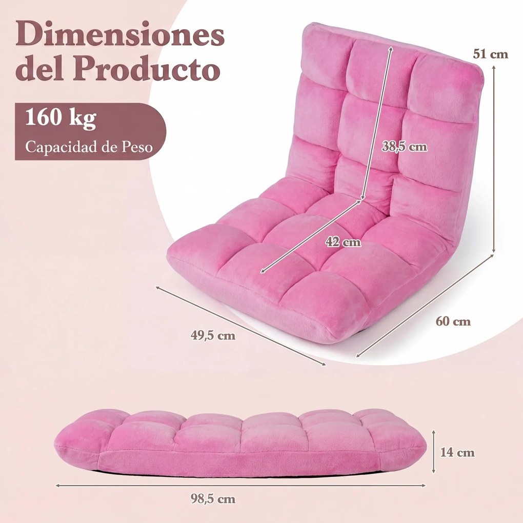 Sofá de chão dobrável 60 x 49,5 x 51 cm com encosto de 14 posições e enchimento de espuma macia para meditação, leitura e yoga Rosa