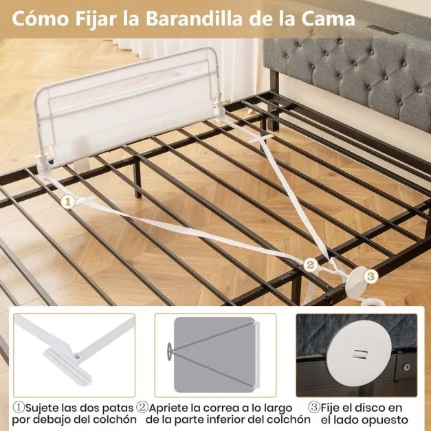 Barreira de Cama para Crianças Pequenas Dobrável de 100 cm com Capa Removível e Lavável e Correia de Segurança Branca