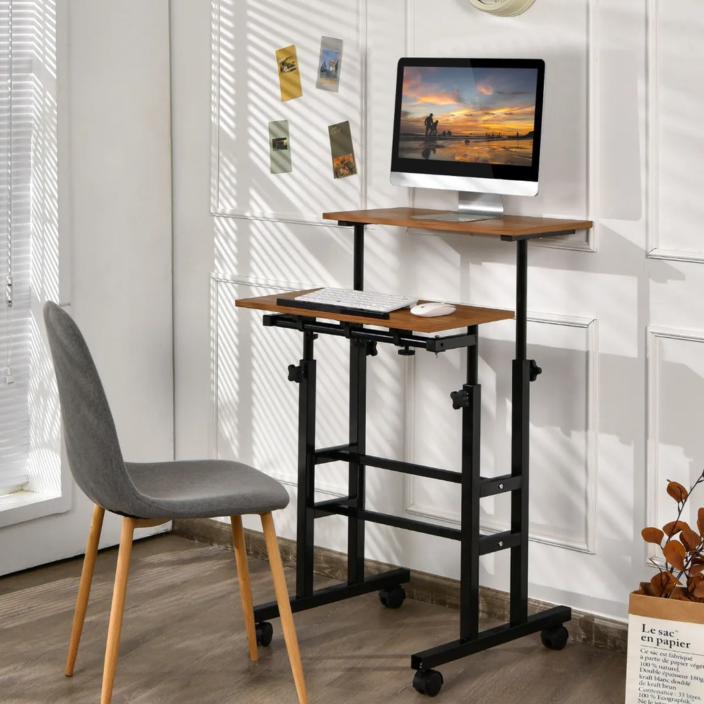 Mesa móvel para computador com rodas Mesa de pé e sentada ajustável em altura para escritório em casa cor nogueira e preto