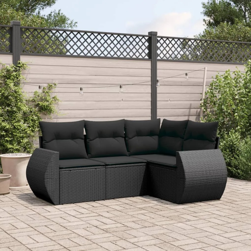 4 pcs conjunto de sofás para jardim c/ almofadões vime PE preto