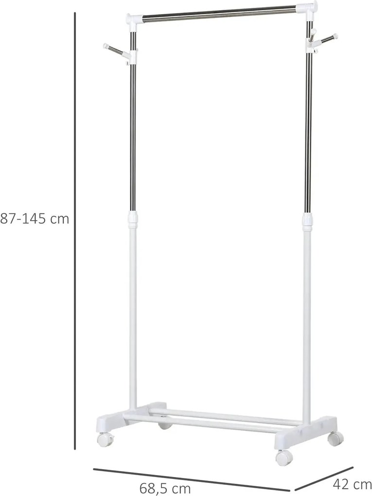 Charriot com Altura Ajustável Cabide com Rodas Portátil Prateleira Inferior Aço 68,5x42x87-145cm Branco e Prata