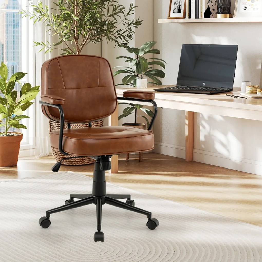 Cadeira de escritório ergonómica estilo meados do século com braços acolchoados, giratória e ajustável em altura com rodas castanho