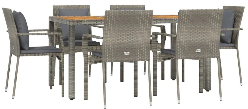 7 pcs conjunto de jantar p/ jardim c/ almofadões vime PE cinza