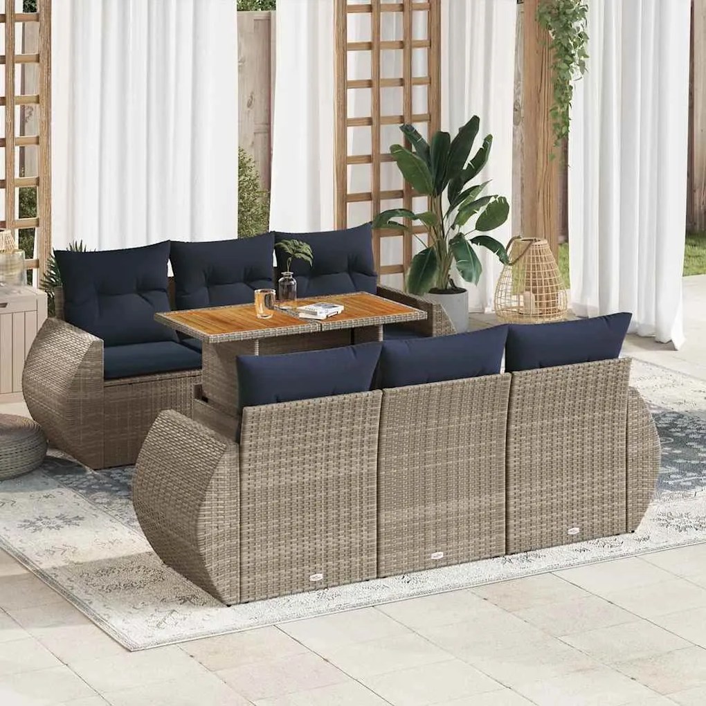 vidaXL 7 pcs conjunto sofás p/ jardim c/ almofadões vime PE cinzento