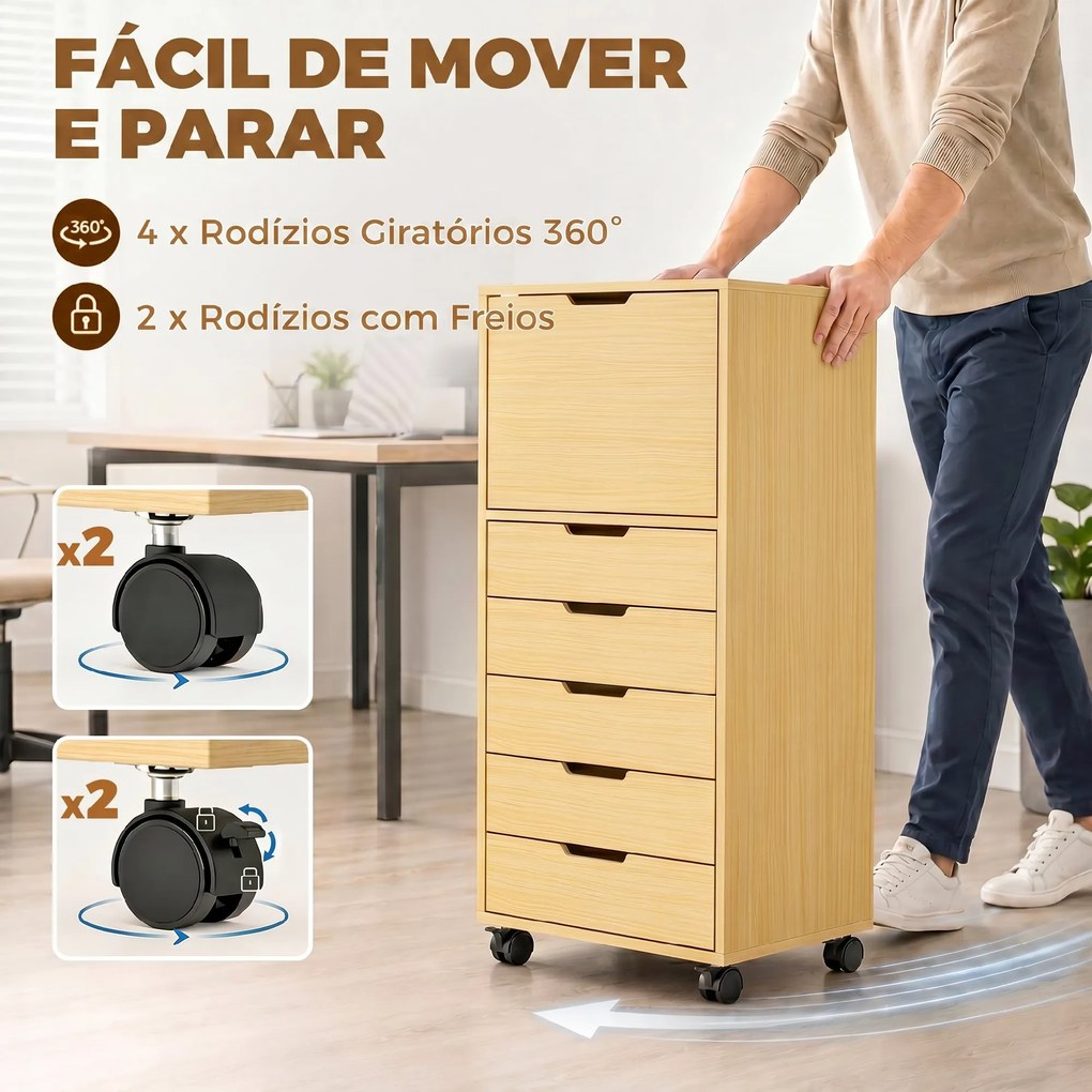 Bloco gavetas de Escritório com 5 Gavetas Armário com Fecho Suave Rodas e Suporte para Impressora Madeira Natural