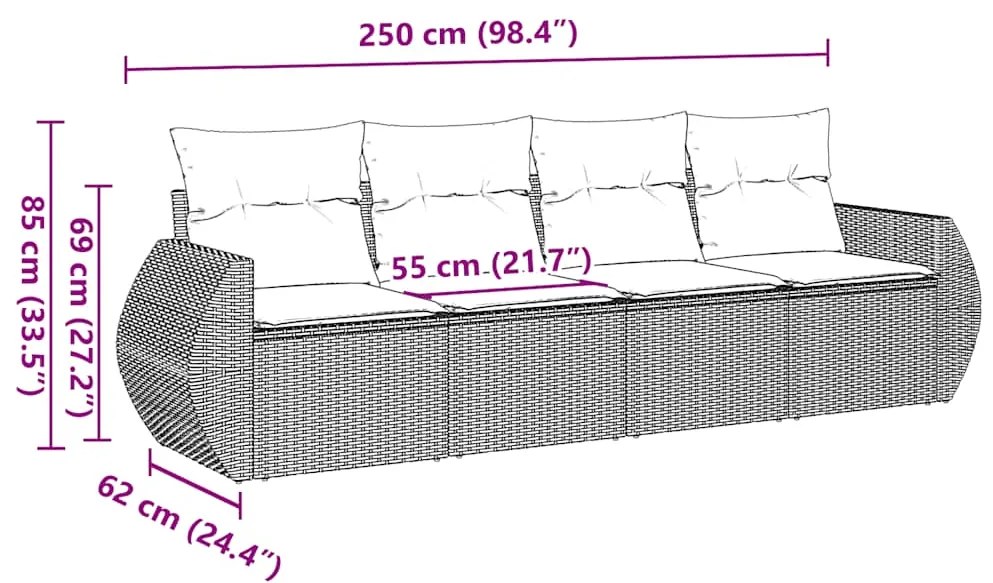 4 pcs conjunto de sofás para jardim c/ almofadões vime PE preto